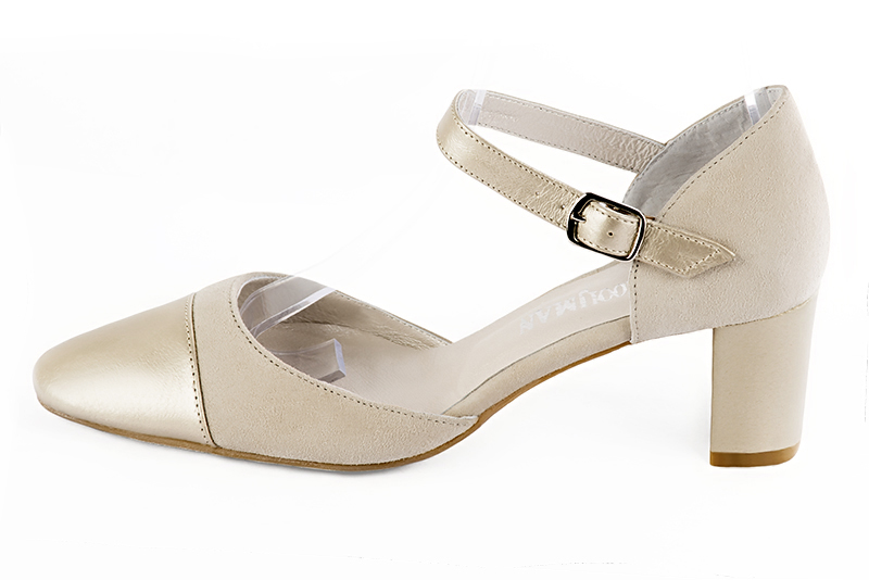 Gold and champagne white women's open side shoes, with an instep strap. Round toe. Medium block heels. Profile view - Florence KOOIJMAN